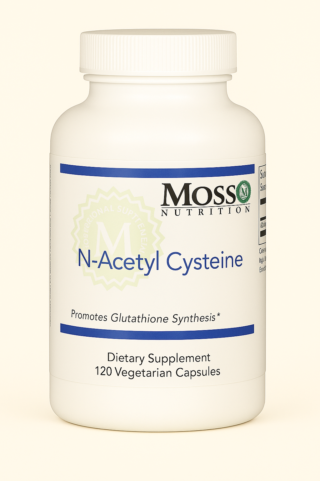 Bottle of N-Acetyl Cysteine dietary supplement by Mosso Nutrition.