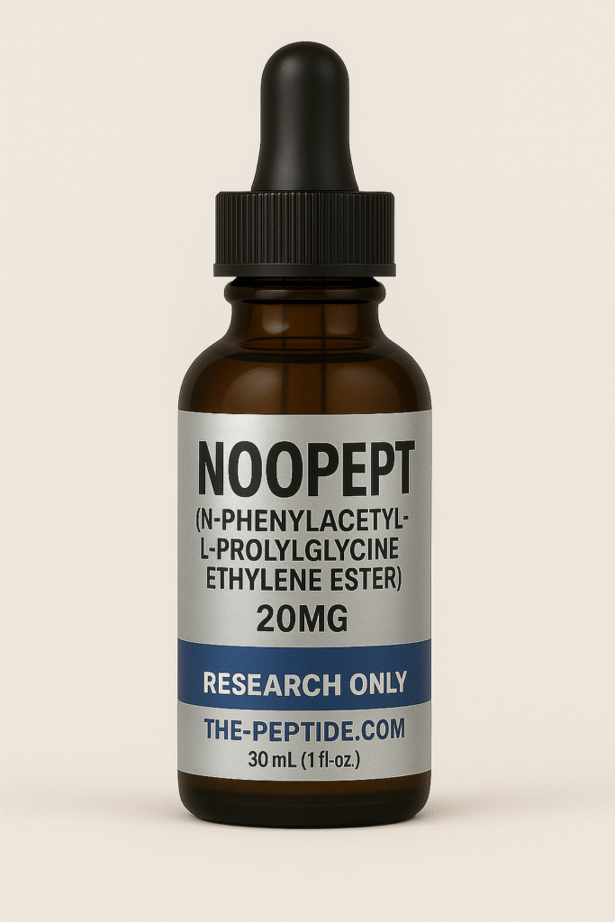 A brown bottle labeled Noopept with a dropper cap, containing 20mg of supplement.