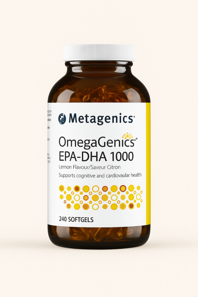 Metagenics OmegaGenics EPA-DHA 1000 softgels bottle.