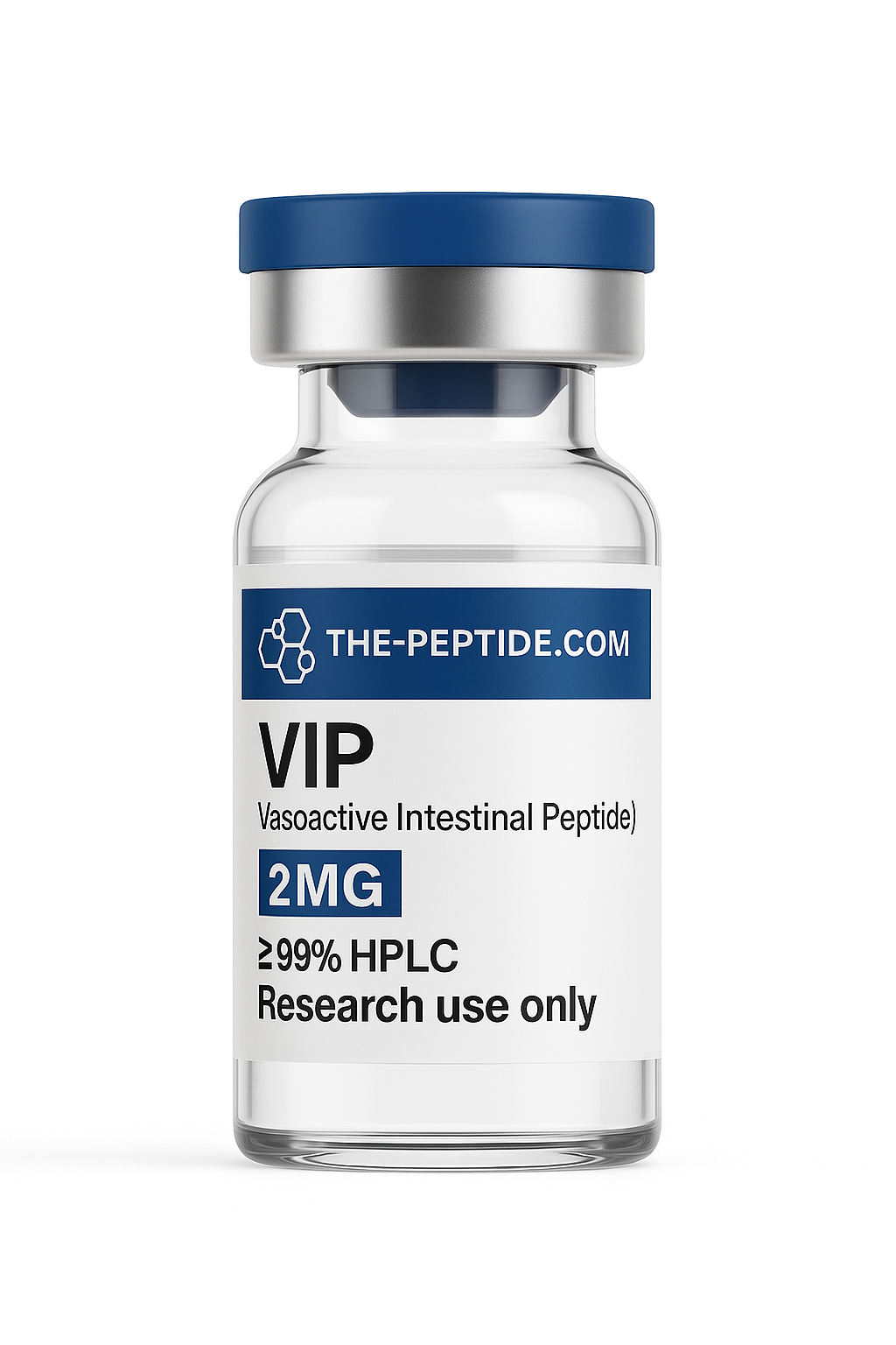 Vial of VIP peptide for research use, labeled 2MG with high purity.